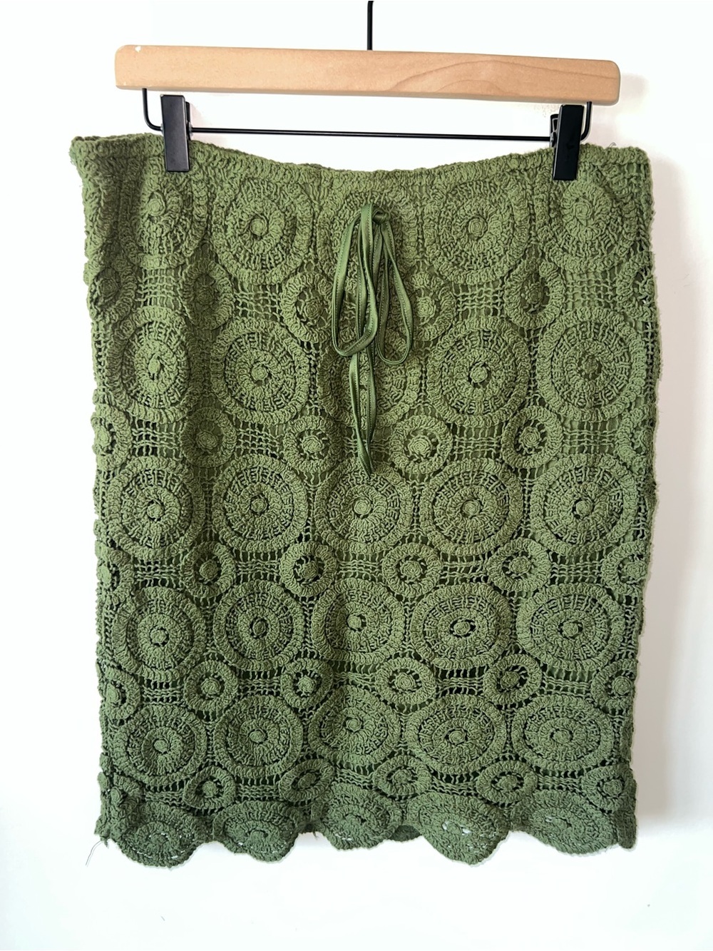 Kings Road Olive Green Crochet Mini Skirt Boho Beachy Lined 100% Cotton